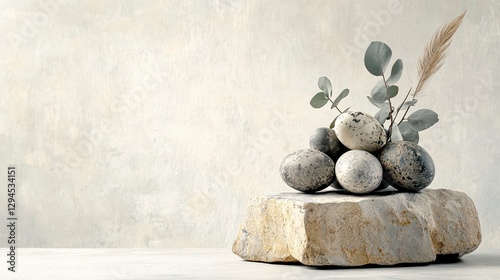 Speckled Eggs and Eucalyptus Sprigs on Beige Stone