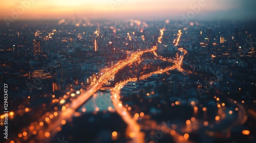 An aerial view of a city at sunset reveals a labyrinth of glowing streets and buildings, painted in warm tones of evening light.