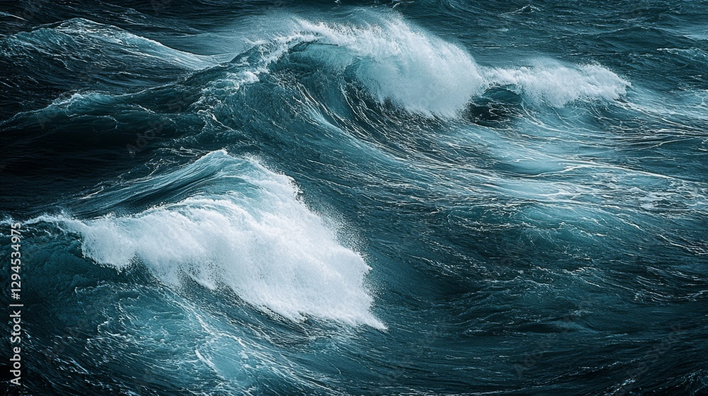Towering waves, in hues of blue and white, convey a sense of raw energy and the sublime power of nature. Towering waves, in hues of blue and white, convey a sense of raw energy and the sublime power of nature.