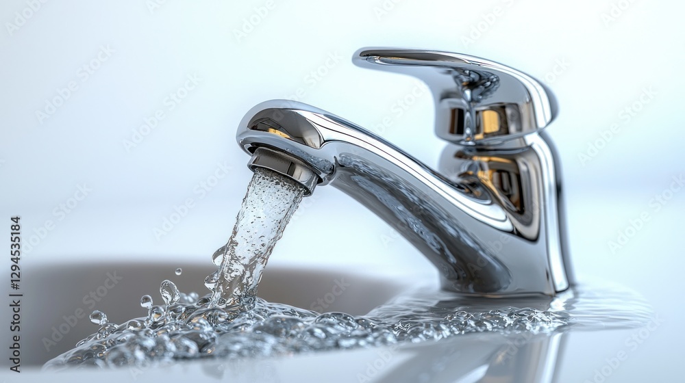 Chrome faucet, water flowing, sink, splash, clean background, plumbing