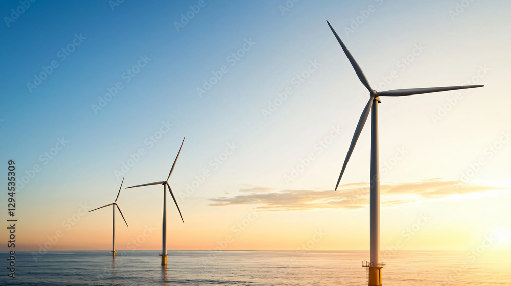 Obraz premium offshore wind turbines silhouetted against dramatic sunset over ocean horizon