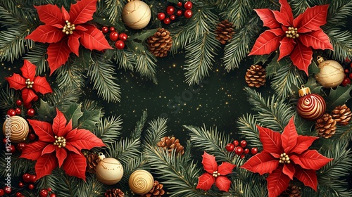 Festive Christmas wreath, pine, poinsettia, ornaments. Holiday background for cards