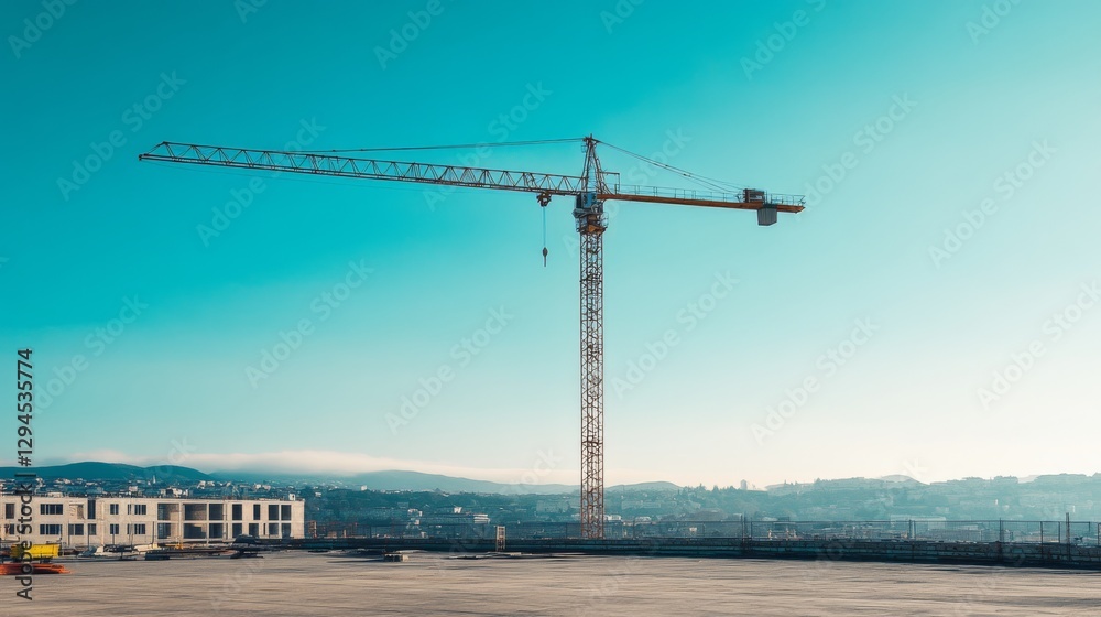 A towering crane stands against a bright blue sky over a cityscape, symbolizing growth and construction progress. A towering crane stands against a bright blue sky over a cityscape, symbolizing growth and construction progress.