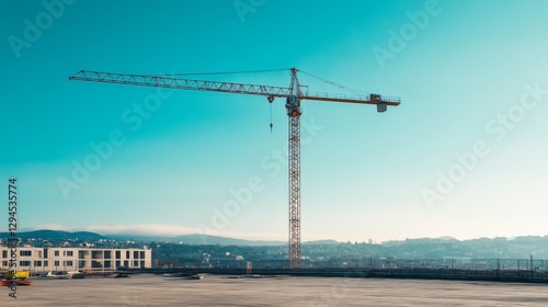 A towering crane stands against a bright blue sky over a cityscape, symbolizing growth and construction progress.