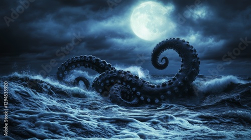 Enormous tentacles rise menacingly from the ocean waves under a moonlit sky, creating an eerie, fantastical scene. photo