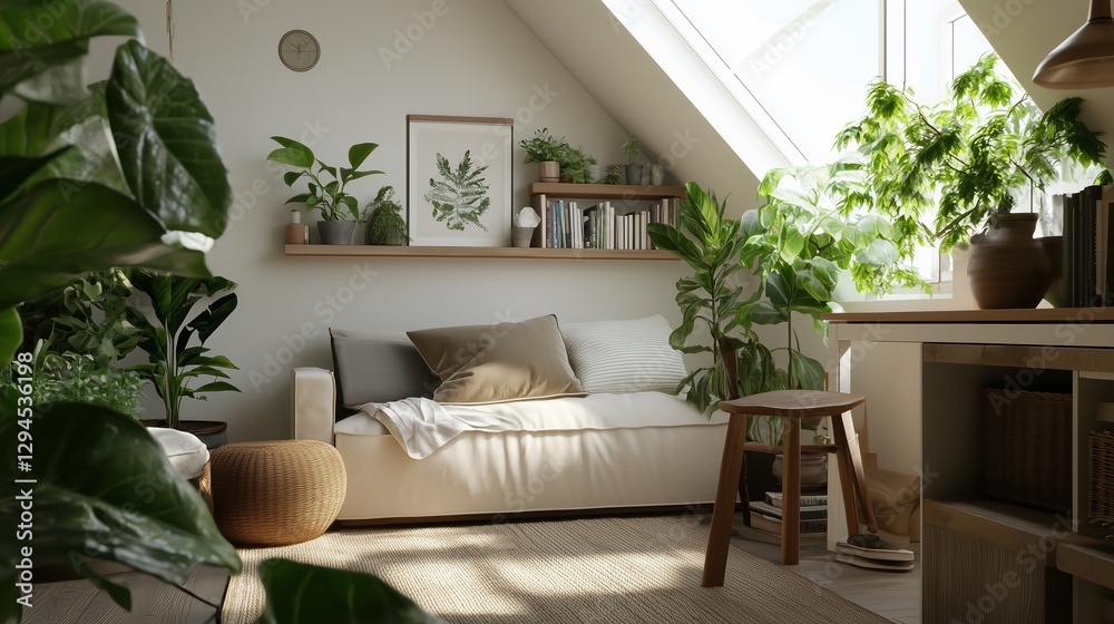 Fototapeta premium Serene indoor garden: an idyllic living space infused with the freshness of nature, featuring lush greenery and natural light