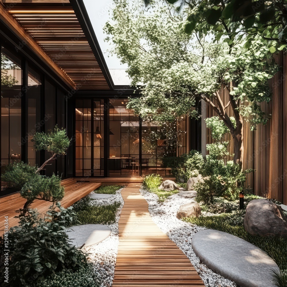 A serene and lush garden with wooden pathway and landscaping A serene and lush garden with wooden pathway and landscaping