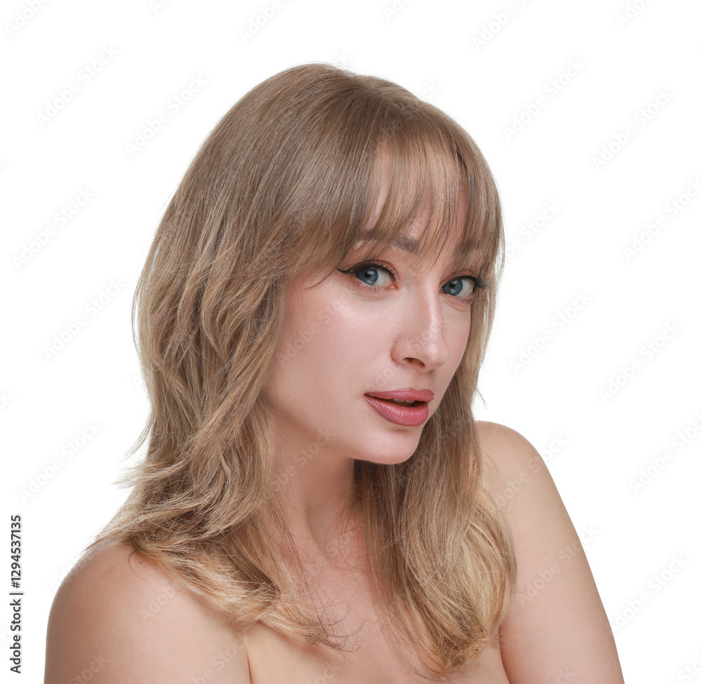 Beautiful woman with hair dyed in natural color on white background Beautiful woman with hair dyed in natural color on white background