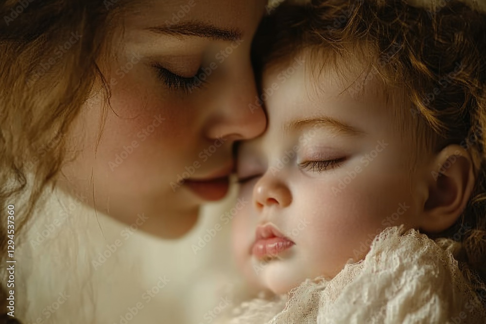 Obraz premium A tender moment between mother and daughter, eyes closed in peaceful slumber, showcasing a loving bond.