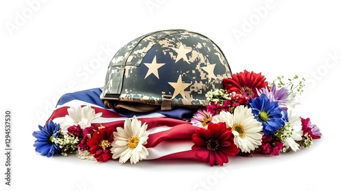 American Military Helmet Surrounded by Colorful Floral Arrangement