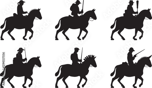 Silhouettes of riders on horseback in various poses in vector design, ideal for equestrian sports