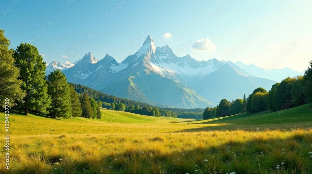 Fototapeta premium Serene Meadow Landscape Featuring Majestic Snow-Capped Mountain Range Under a Clear Sky