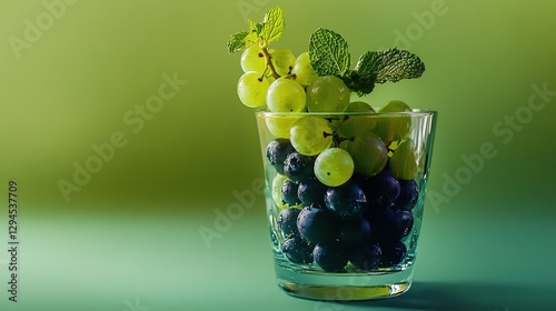 A transparent glass cup contains green grapes and blueberries, adorned with mint leaves on top, creating a visually appealing and fresh fruit arrangement that is perfect for healthy food 