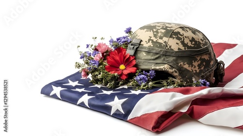 Soldier's Helmet Adorned with Flowers on American Flag Background