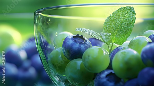 A close - up of a glass container filled with green grapes and blueberries, topped with mint leaves, highlighting the freshness and vibrant colors of the fruits