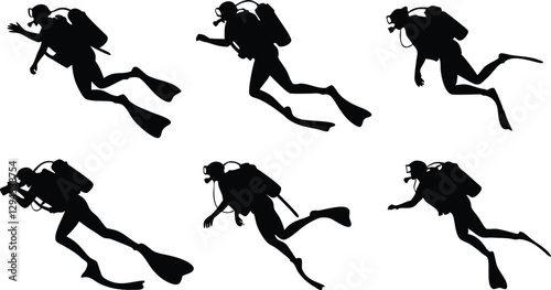 Scuba diving silhouette illustrations in vector design, ideal for water sports, ocean exploration, and adventure themes