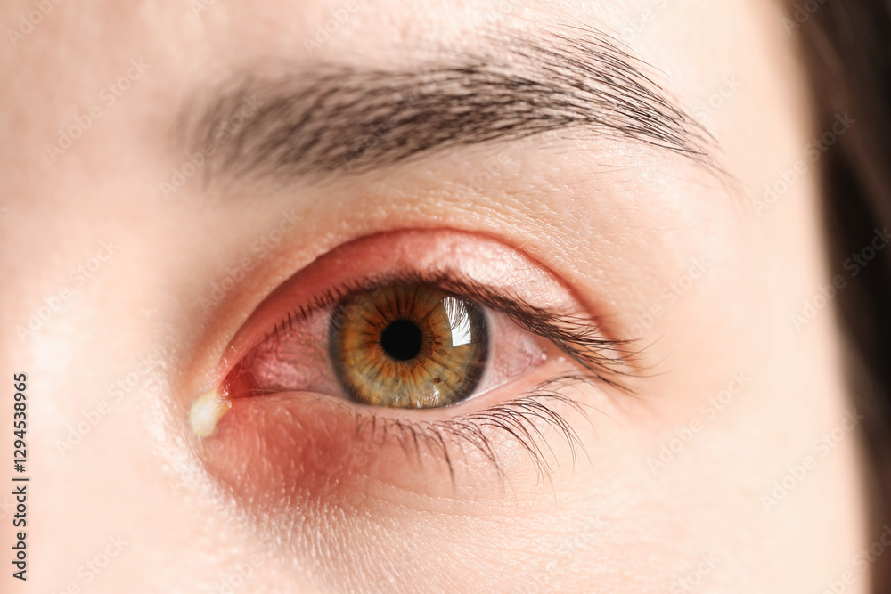 Obraz premium Conjunctivitis. Young woman with infected eye, closeup