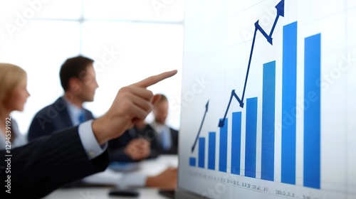 A hand is pointing at the blue upward - trending graphs on the projection screen, with businesspeople in the background, great for visualizing business growth, data interpretation,