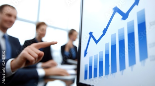 A hand points at the blue graphs with upward arrows on the projection screen, while blurred businesspeople are in the background, fitting for presentations about business development