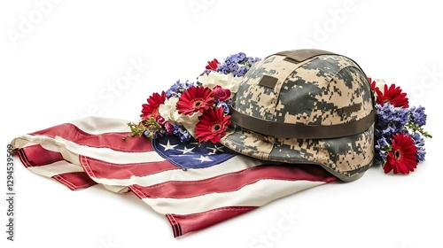Military Helmet Resting on American Flag with Colorful Flowers