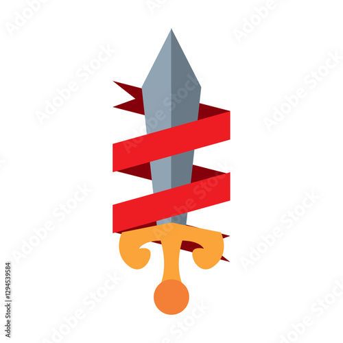 Vector illustration of a medieval-style sword wrapped with a red ribbon, representing honor, courage, or fantasy themes in flat design style