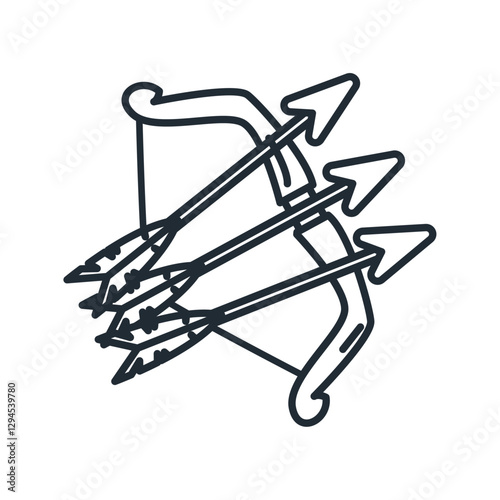 Outline vector illustration of a traditional bow with three arrows, representing medieval weaponry, archery sports, or hunting gear design