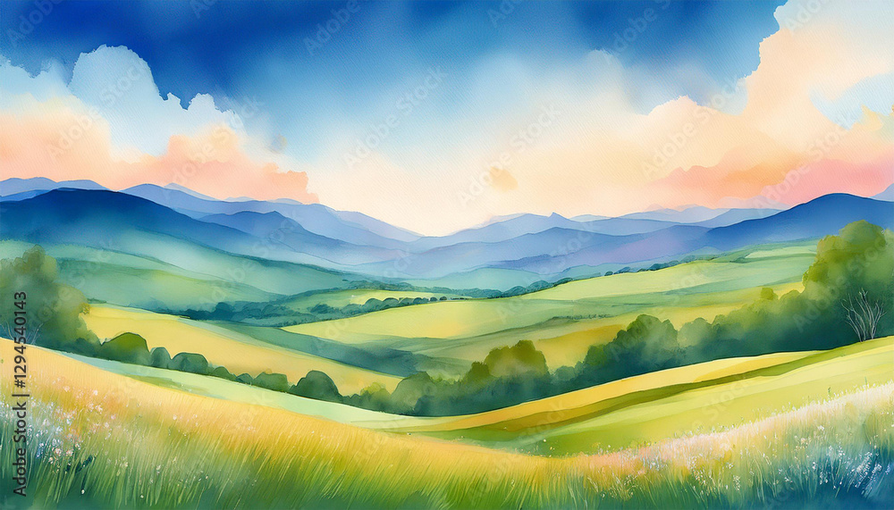 Obraz premium nature landscape scenery panorama watercolor banner valley hills meadow cloudscape summer watercolor art pastel delicate light painting illustration aesthetic background wallpaper