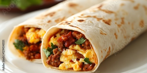 Spicy Chorizo and Scrambled Egg Breakfast Burrito Wrapped in Warm Tortilla