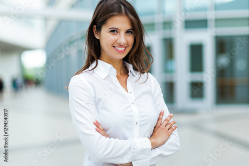 Smiling businesswoman standing with arms crossed in front of office building Free Download Smiling businesswoman standing with arms crossed in front of office building - GFXLoad