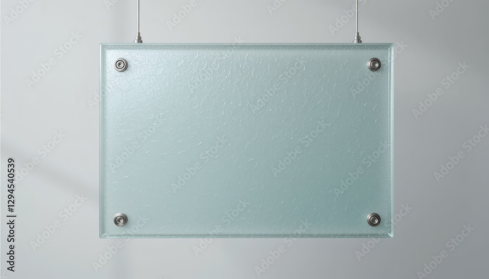 Modern glass panel sign with frosted surface, suspended by thin metal cables against a clean white background, minimalist signage design Modern glass panel sign with frosted surface, suspended by thin metal cables against a clean white background, minimalist signage design