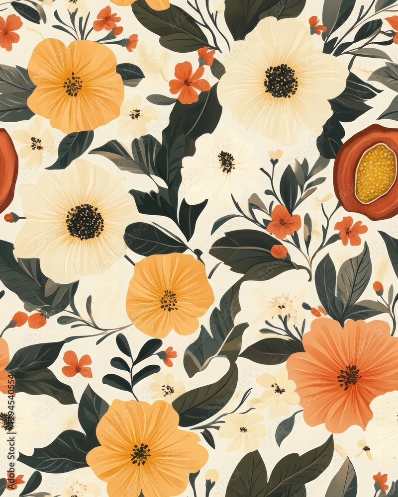 Seamless Orange and Cream Floral Pattern Autumnal Botanical Illustration Seamless Orange and Cream Floral Pattern Autumnal Botanical Illustration