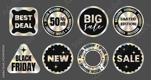 Set of foil silver sticker template, label, mockup with foil metallic holographic effect. Shiny rainbow emblem Limited Edition, New, 50% off, Best deal, seller, discount, big sale. Vector EPS10