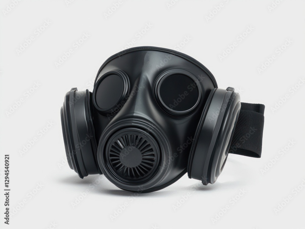 Protective gear close-up of black gas mask in industrial safety product photography Protective gear close-up of black gas mask in industrial safety product photography