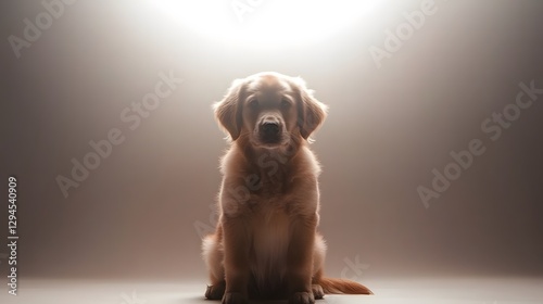 Golden retriever puppy sitting in soft light on neutral background