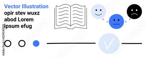 Emotional faces suggesting learning process, book at center, checkmark for completion, text elements. Ideal for education, learning, emotion representation, progress tracking, UX design mental