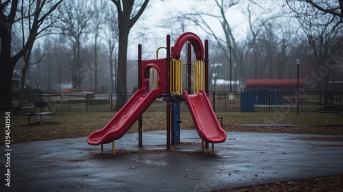 An empty playground with red slides stands quiet amidst bare trees and overcast skies, echoing nostalgia and forgotten childhood.