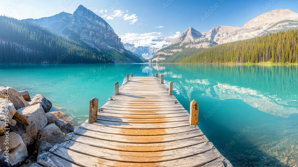 Obraz premium weathered wooden dock extending into crystal-clear turquoise lake
