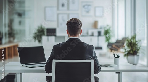 A man in a suit sits at a desk facing a laptop in a modern office setting, which can be used for representing work - from - office scenarios, professional activities, and corporate environments.