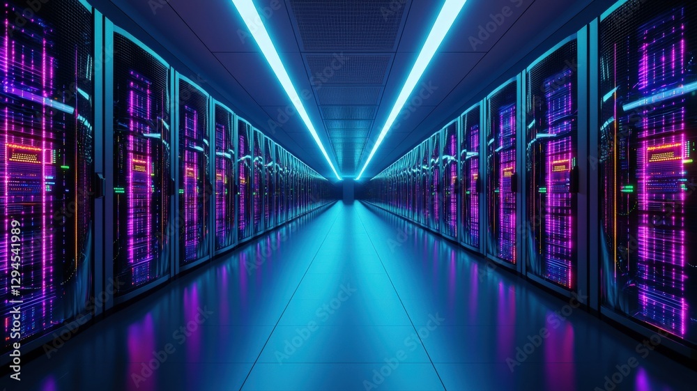 Fototapeta premium Futuristic supercomputer server room with endless rows of glowing data racks, high-speed AI processing visualization, blue and purple cyber glow