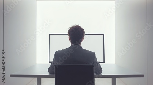 A man in a suit sits at a table in front of a computer with a blank screen against a simple white wall background, suitable for concepts like waiting, thinking, and starting a new work task.