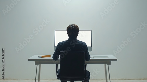 A person in a dark - colored top sits at a desk in front of a computer with a blank screen, and there is a book and a notebook on the table, which can be related to work preparation, study, or moments