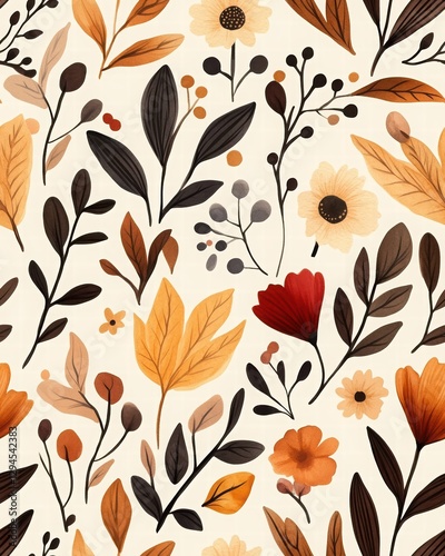 Warm Toned Autumnal Floral Pattern Seamless Watercolor Design