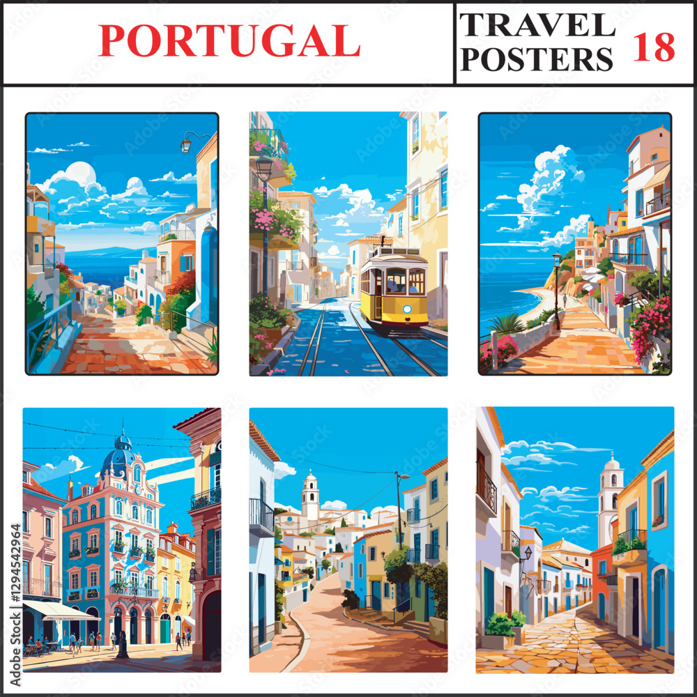Obraz premium Portugal Albufeira Lisbon Albufeira Travel Poster Wall Art Print Collection Set Part 18