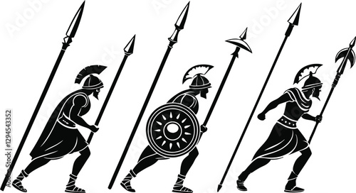 Spartan warrior and spear silhouettes in vector design for ancient history, battle, and military-themed illustrations