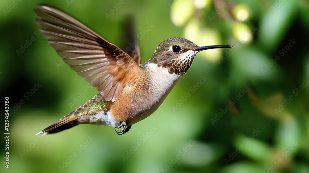 Obraz premium Hummingbird in Flight Among Lush Greenery
