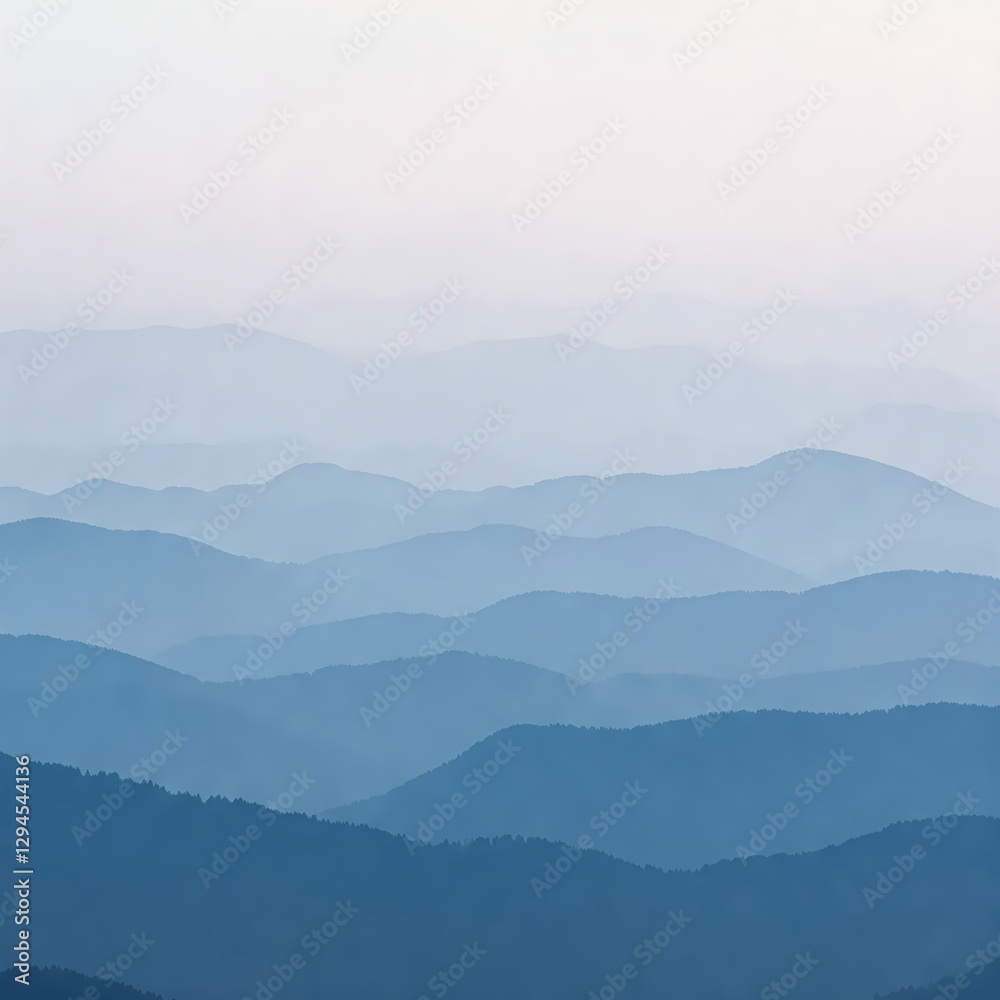 Fototapeta premium Azure Horizons: Layers of rolling mountain ranges cascade towards the horizon in a breathtaking display of natural grandeur, rendered in tranquil shades of blue. Capturing a sense of space.