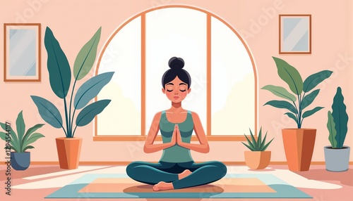 Obraz na płótnie Woman practicing yoga in serene room with large windows and indoor plants w salonie