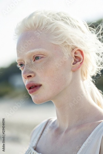 A beautiful young woman with albinism, featuring fair skin, white hair, and delicate features. She looks confident and serene, with soft natural lighting highlighting her unique beauty