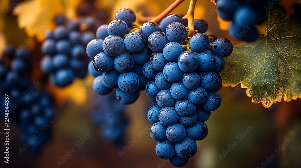 Close up of vibrant ripe blue grapes on a vine