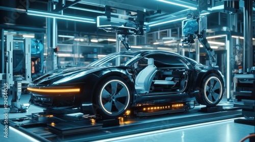 Wallpaper Mural Futuristic car manufacturing process modern factory digital art high-tech environment close-up view innovation focus Torontodigital.ca